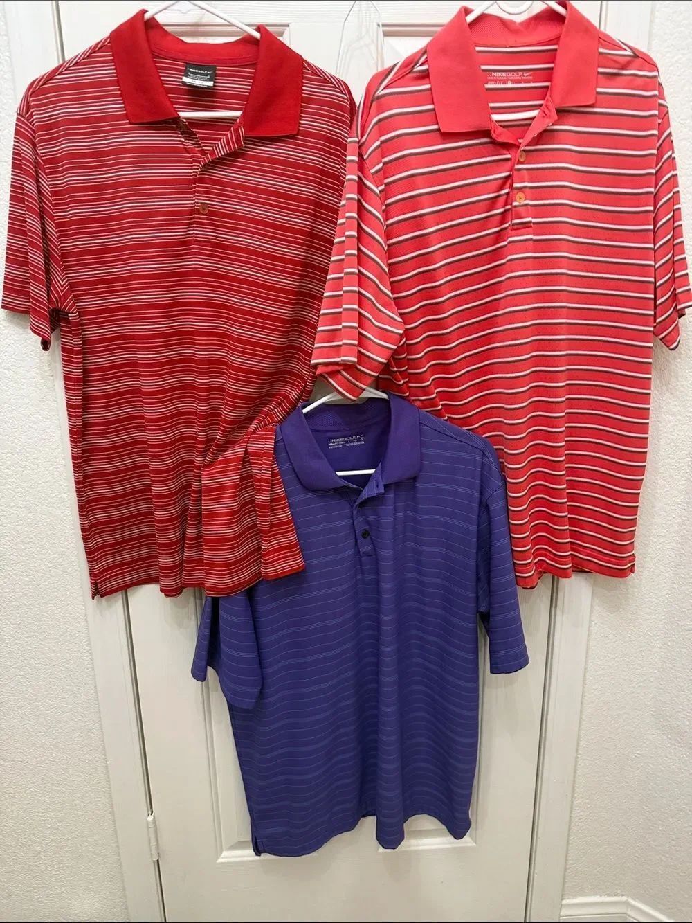 Nike Golf Dry Fit Red Purple Striped 3 Men's Large Polo Casual Shirts 3 Button